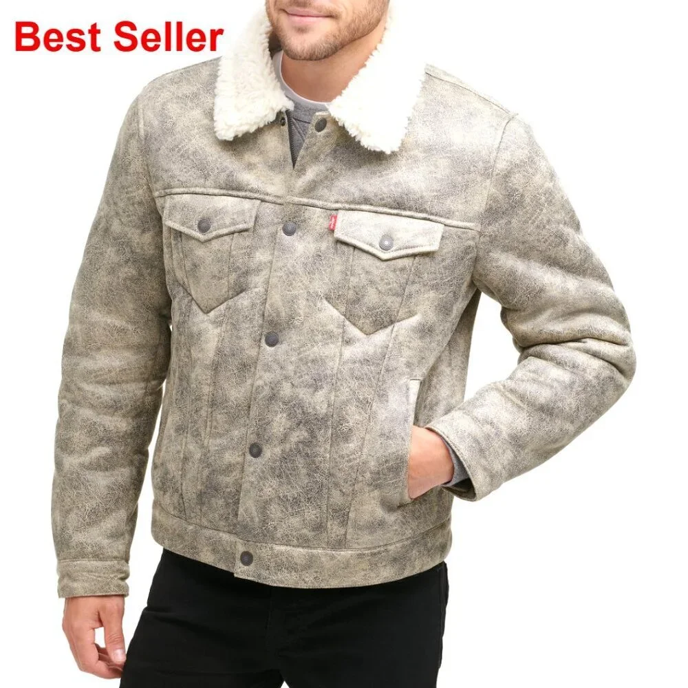 Faux Leather Classic Trucker Jacket with Sherpa Lining